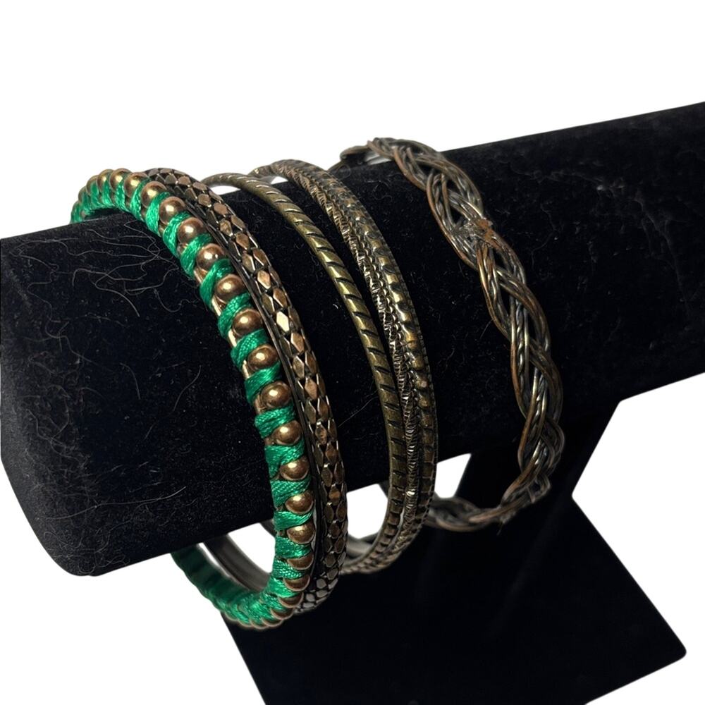 Mixed Brass Tone Bangle Bracelet Lot of 5 Stack Green Wrapped Braided Textured
